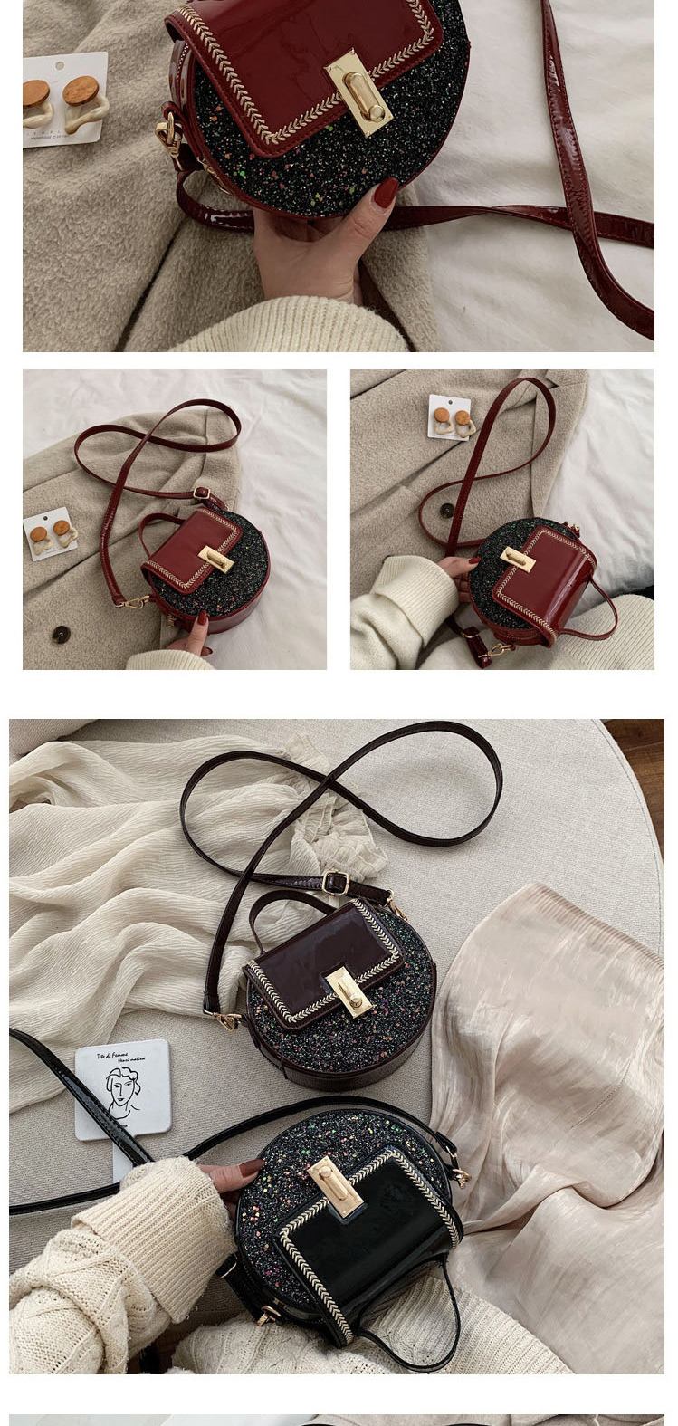 Fashion Brown Patent Leather Sequined Embroidered Shoulder Bag,Handbags