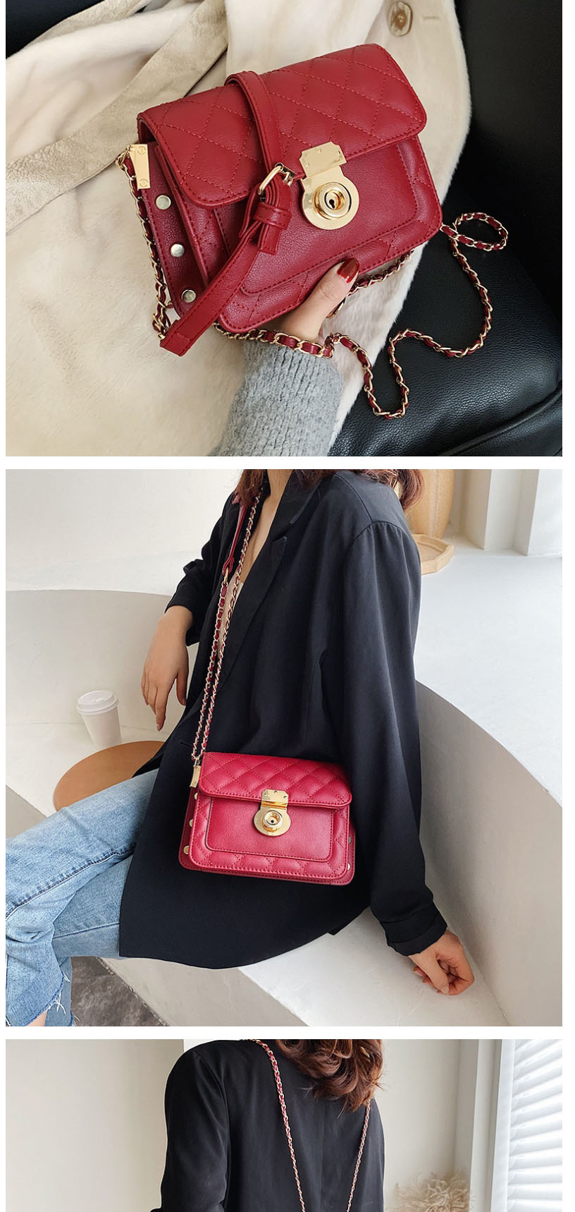 Fashion Black Lock Stitched Rhombus Chain Shoulder Bag,Shoulder bags