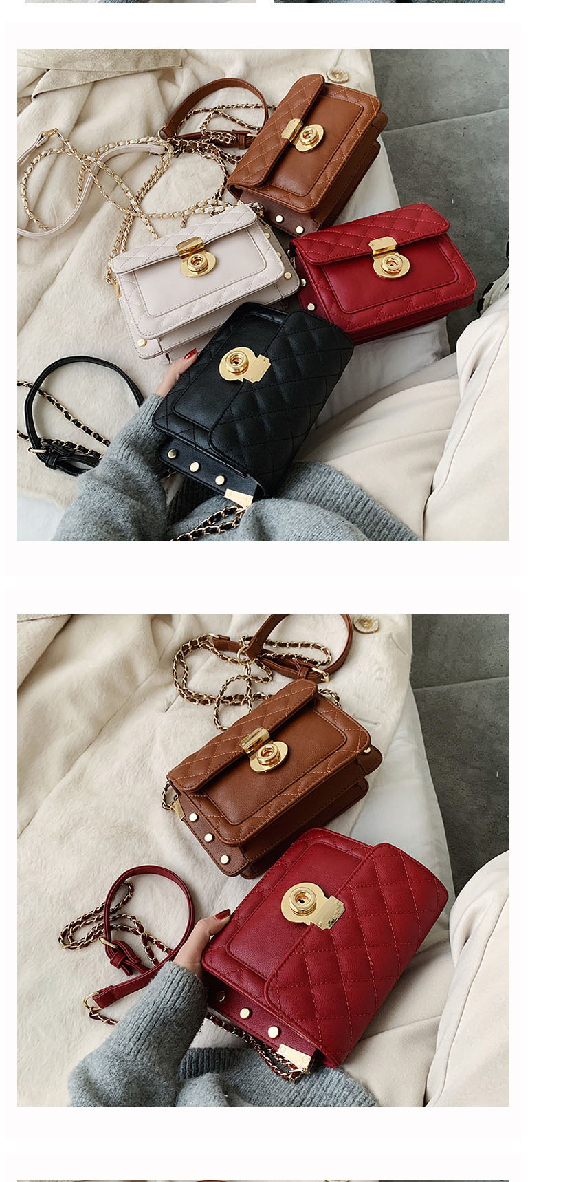 Fashion Coffee Color Lock Stitched Rhombus Chain Shoulder Bag,Shoulder bags