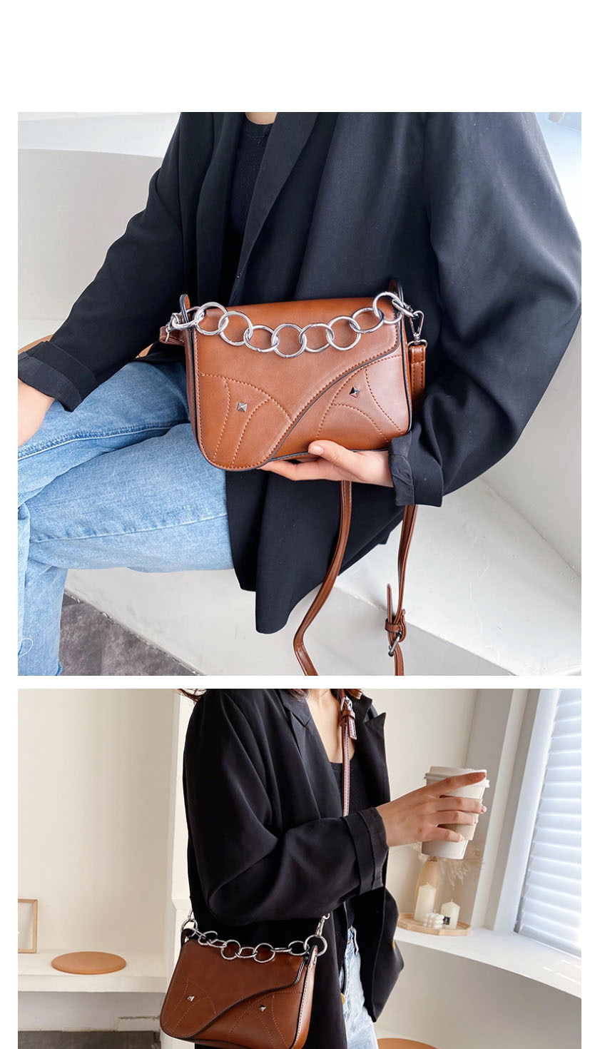 Fashion Brown Chain Stud Stitched Crossbody Bag,Shoulder bags