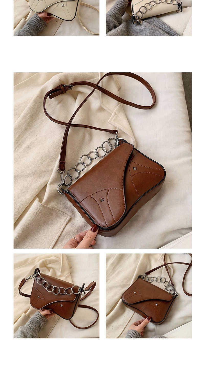 Fashion Brown Chain Stud Stitched Crossbody Bag,Shoulder bags