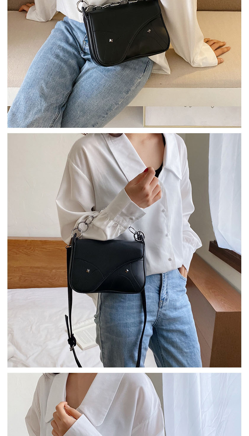 Fashion Creamy-white Chain Stud Stitched Crossbody Bag,Shoulder bags