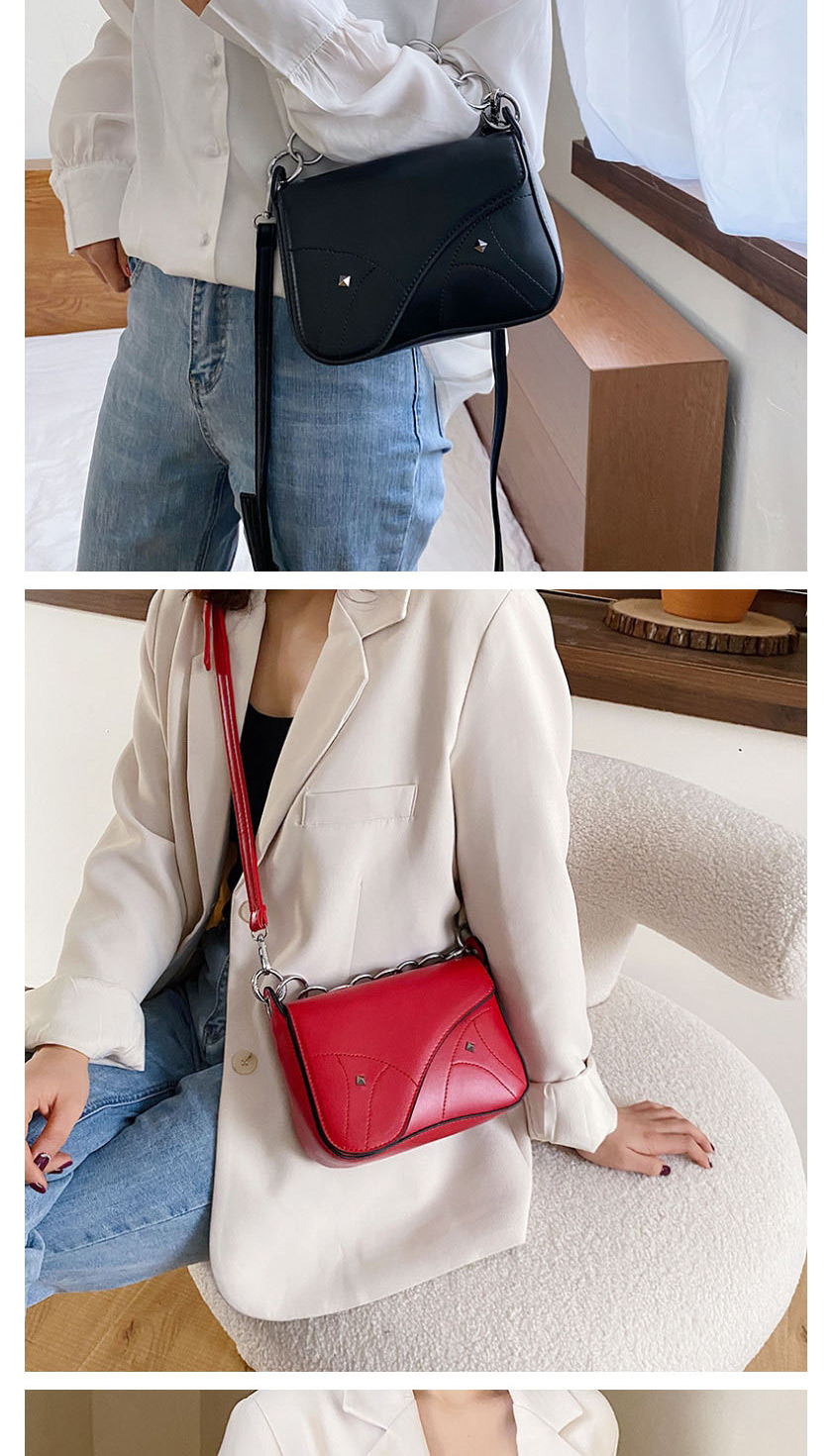 Fashion Black Chain Stud Stitched Crossbody Bag,Shoulder bags