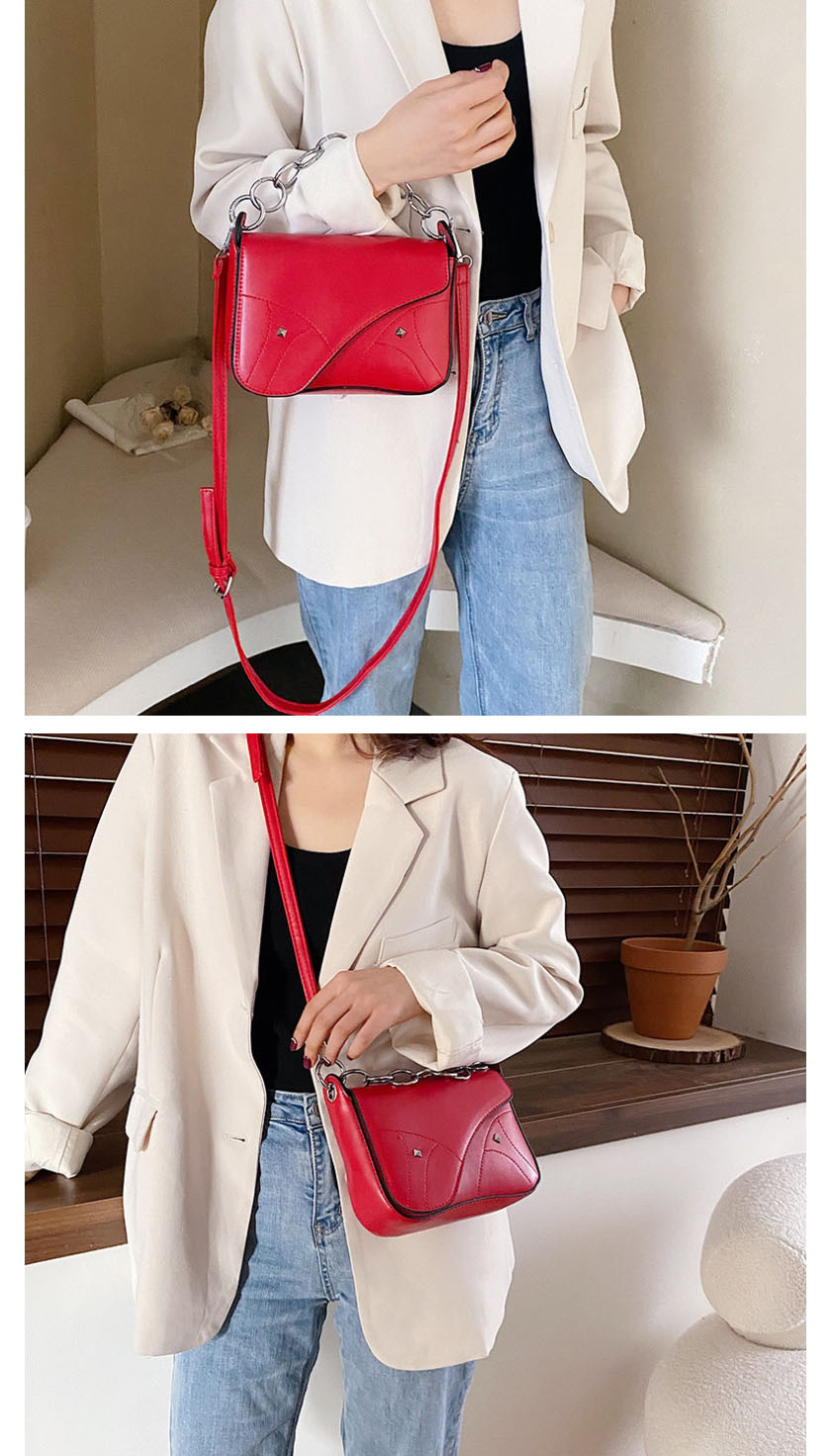 Fashion Red Wine Chain Stud Stitched Crossbody Bag,Shoulder bags