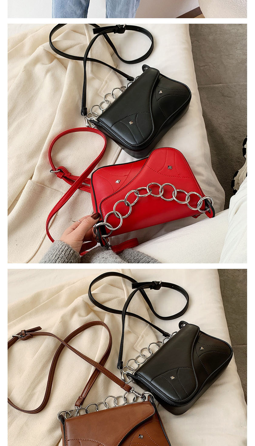 Fashion Red Wine Chain Stud Stitched Crossbody Bag,Shoulder bags