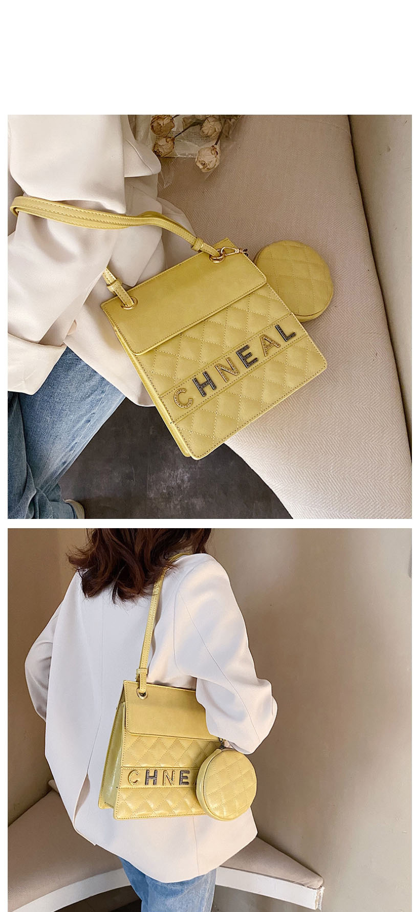 Fashion Yellow Letter Diamond Lattice Mother Bag Crossbody Shoulder Bag,Messenger bags