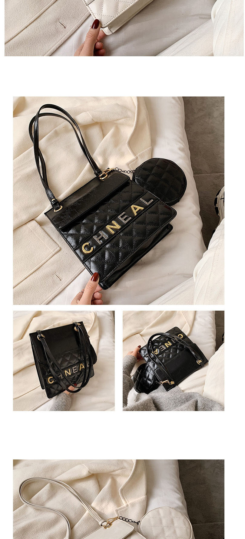 Fashion Black Letter Diamond Lattice Mother Bag Crossbody Shoulder Bag,Messenger bags