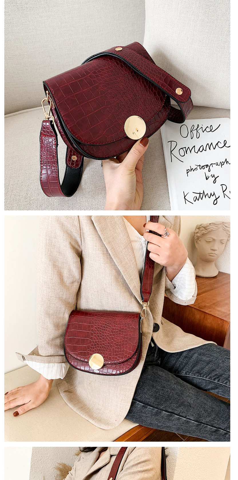 Fashion Red Croc-print Half-lock Buckle Crossbody Bag,Shoulder bags