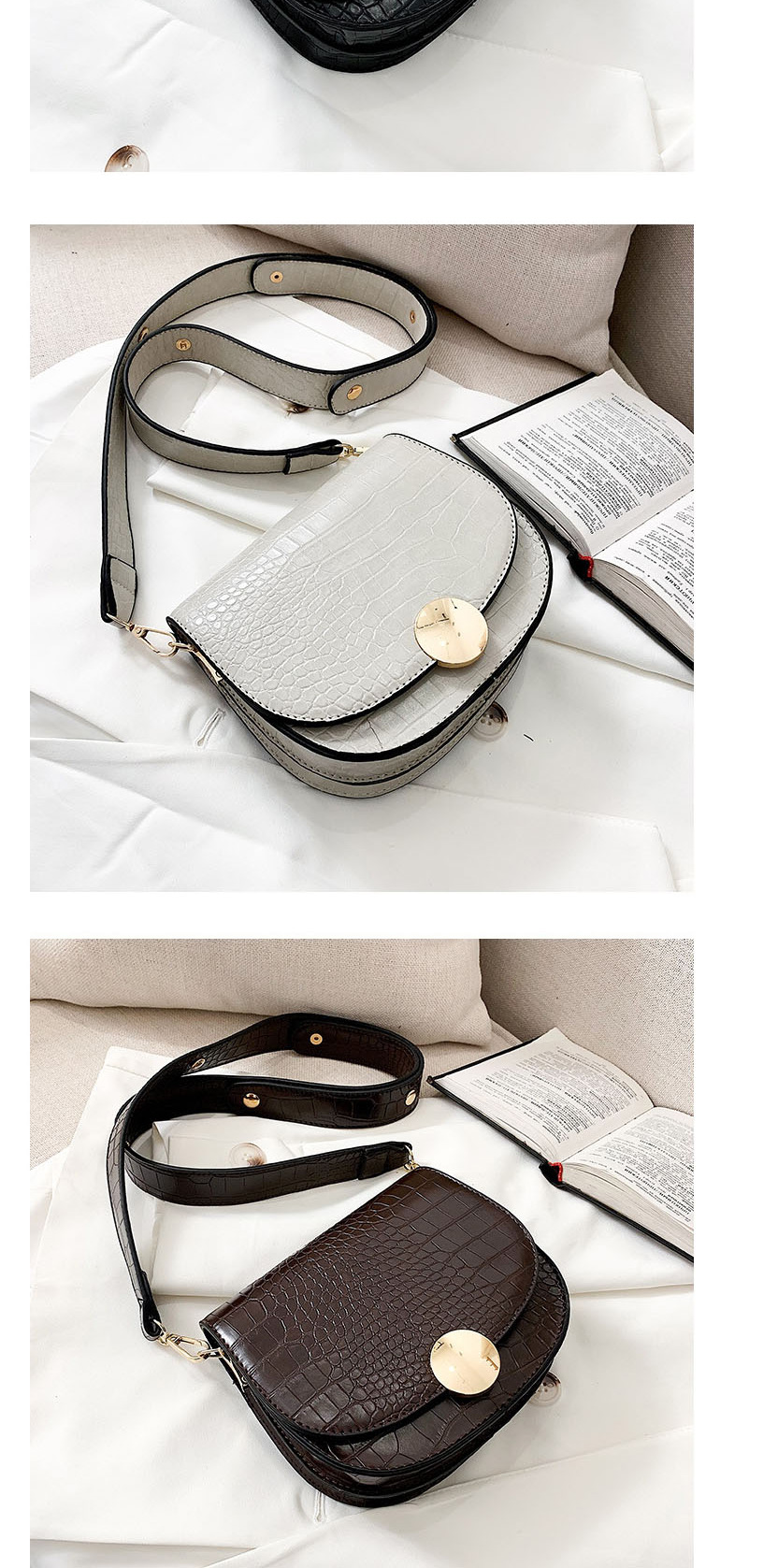 Fashion Black Croc-print Half-lock Buckle Crossbody Bag,Shoulder bags