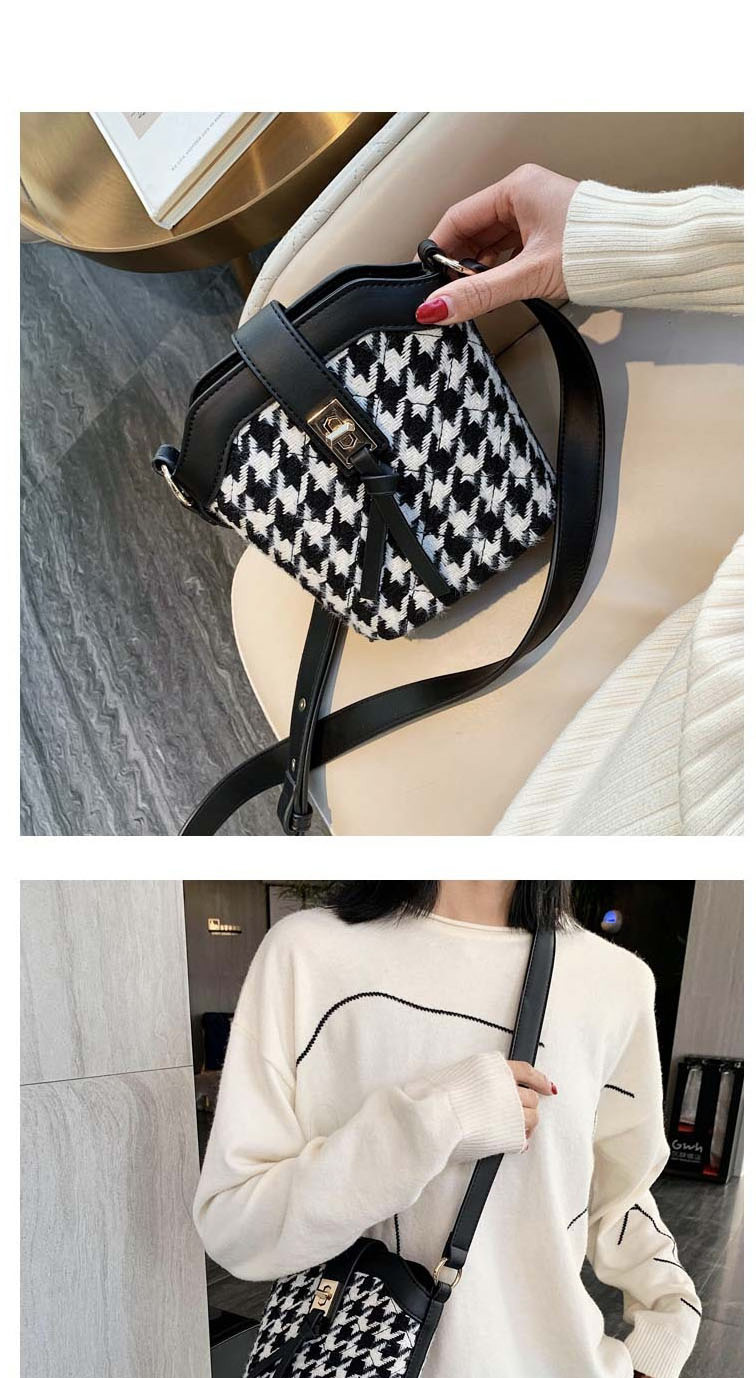 Fashion Black And White Houndstooth Houndstooth Contrast Lock Shoulder Crossbody Bag,Shoulder bags