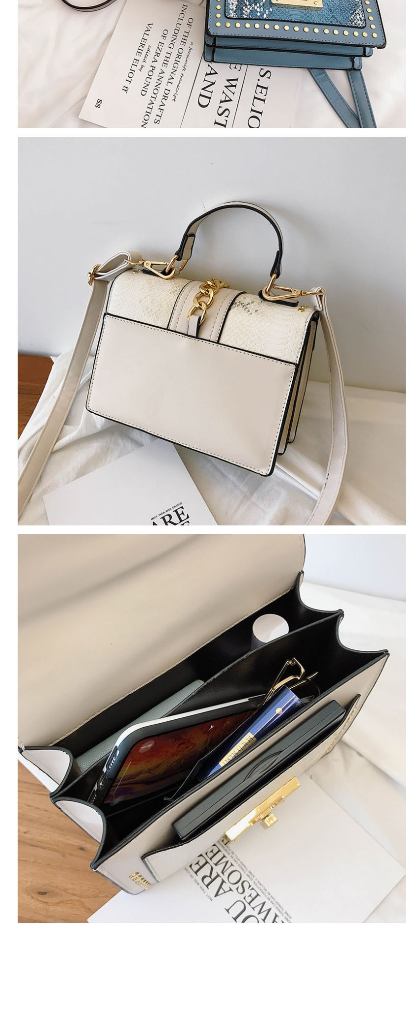 Fashion White Snake-effect Studded Chain Shoulder Bag,Handbags