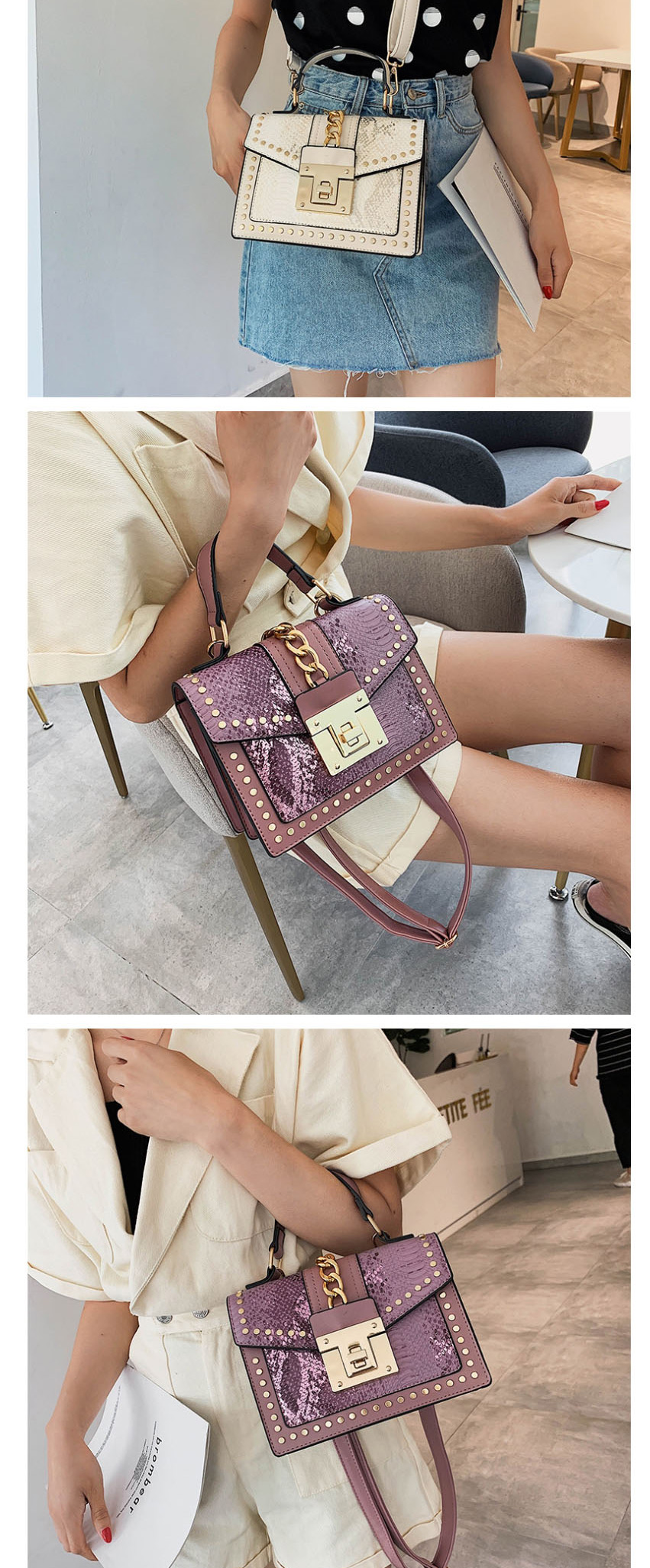 Fashion Pink Snake-effect Studded Chain Shoulder Bag,Handbags