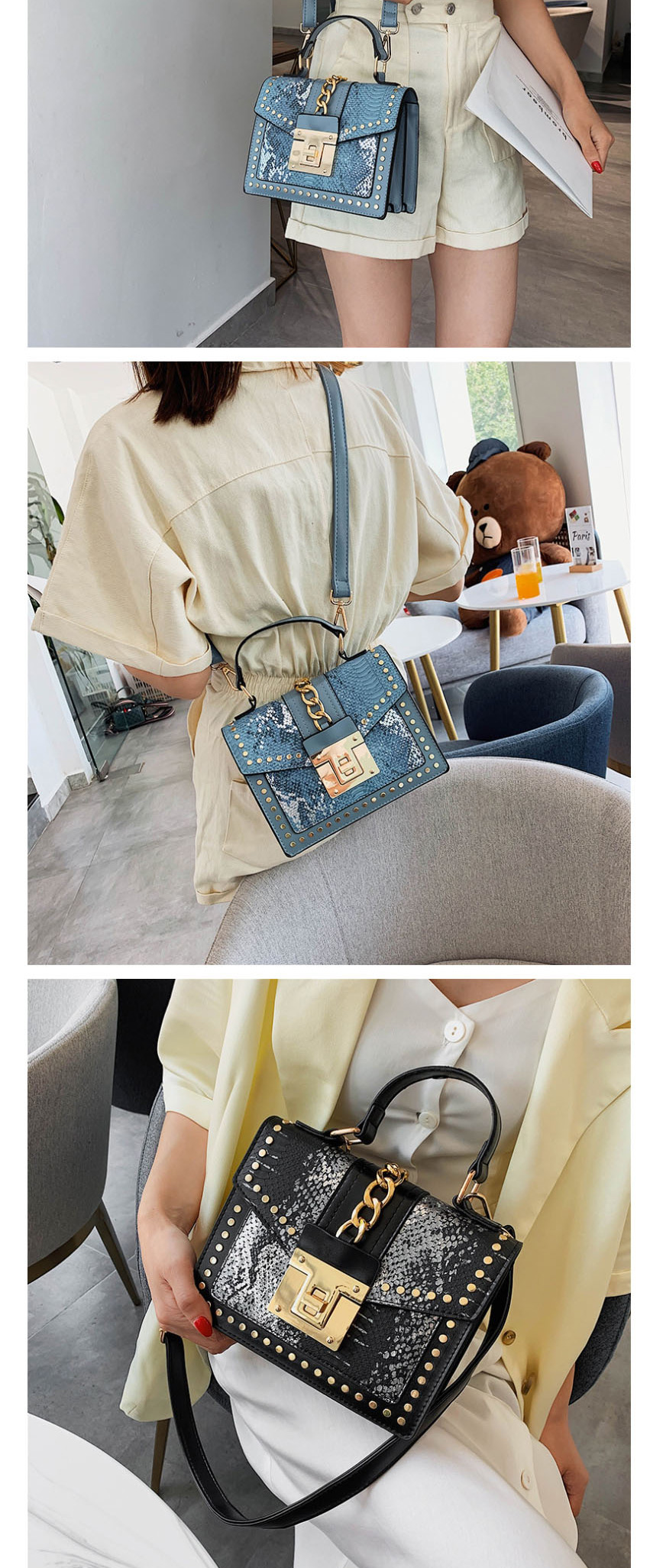 Fashion Blue Snake-effect Studded Chain Shoulder Bag,Handbags