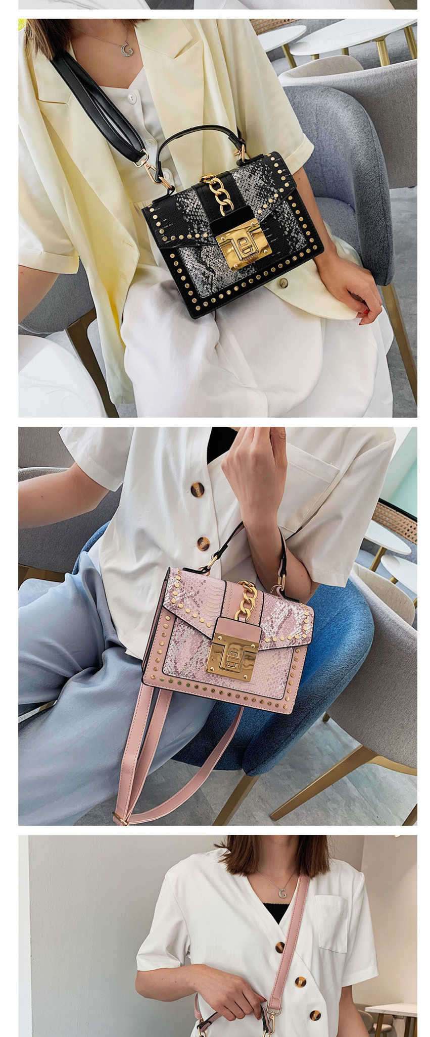 Fashion Beige Snake-effect Studded Chain Shoulder Bag,Handbags