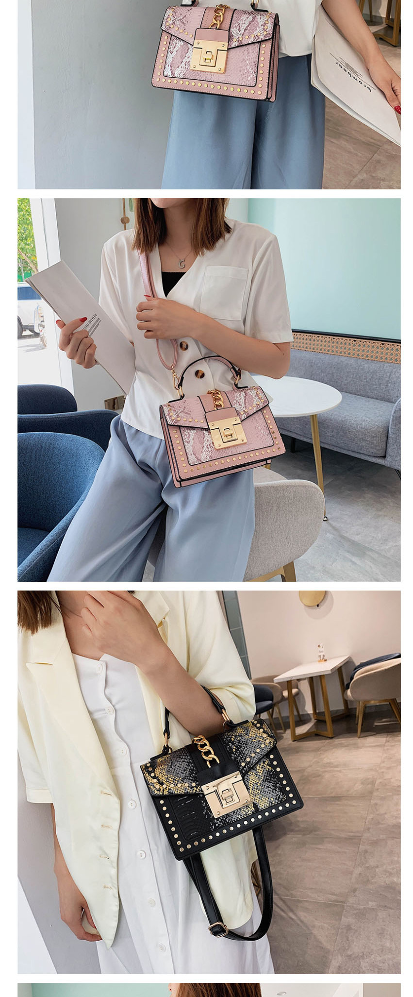 Fashion Pink Snake-effect Studded Chain Shoulder Bag,Handbags