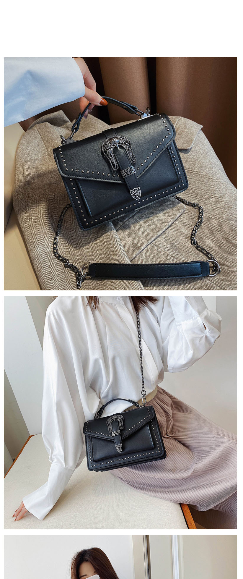 Fashion White Studded Chain Shoulder Bag,Handbags