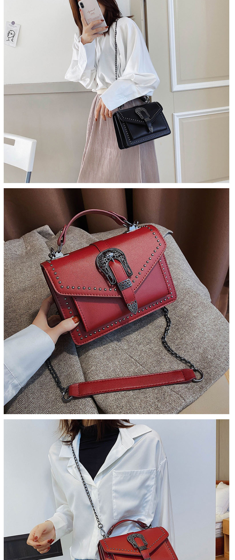 Fashion Red Studded Chain Shoulder Bag,Handbags