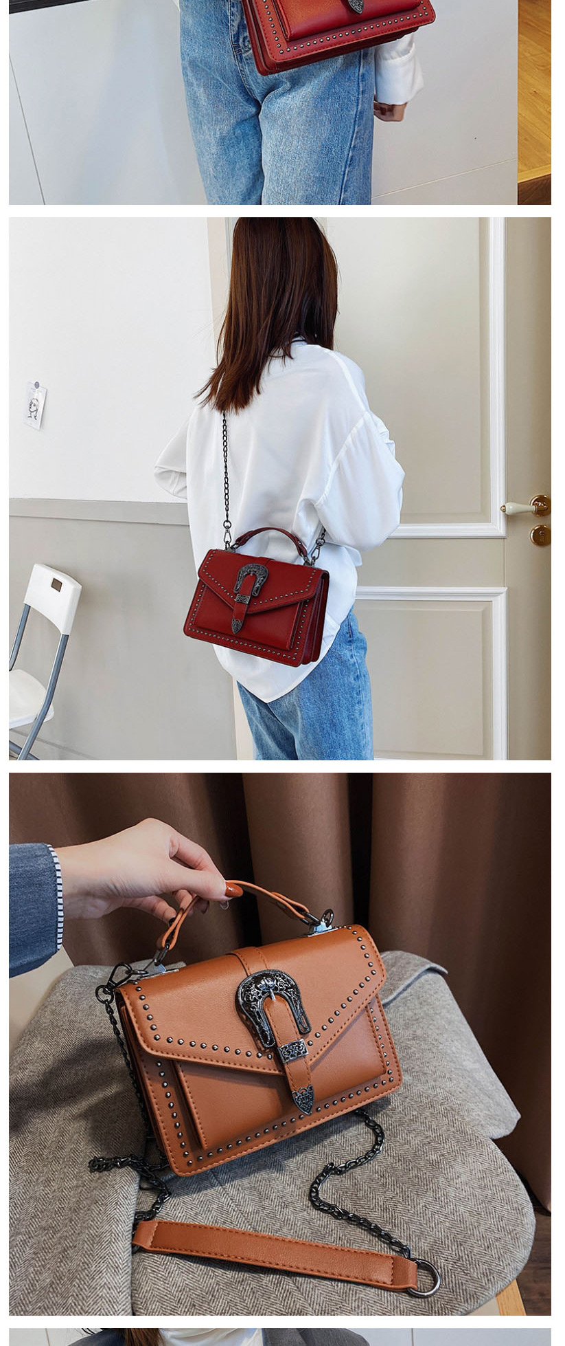 Fashion Brown Studded Chain Shoulder Bag,Handbags