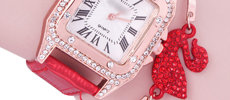 Fashion Red Leather Watch With Square Diamonds,Ladies Watches