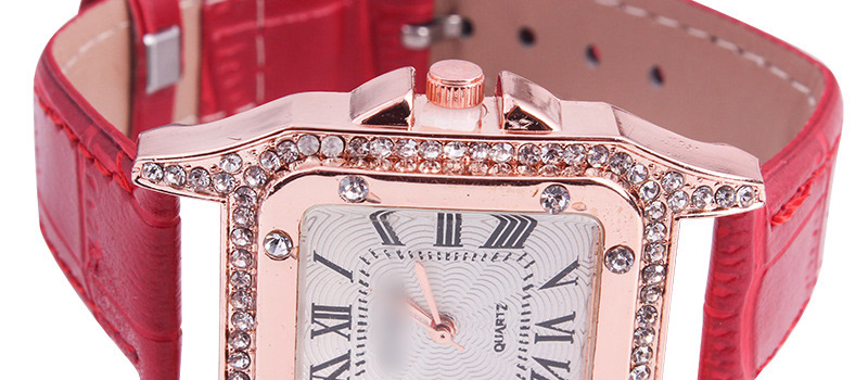 Fashion Red Leather Watch With Square Diamonds,Ladies Watches