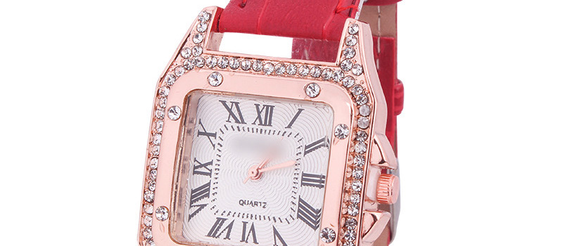 Fashion Pink Leather Watch With Square Diamonds,Ladies Watches
