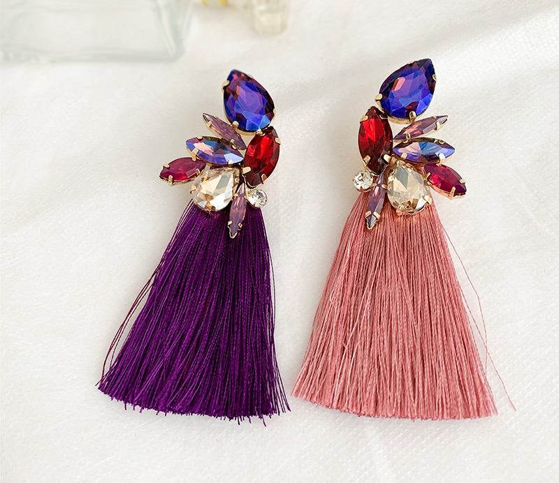 Fashion Purple Alloy Rhinestone Drop Fringe Stud Earrings,Drop Earrings