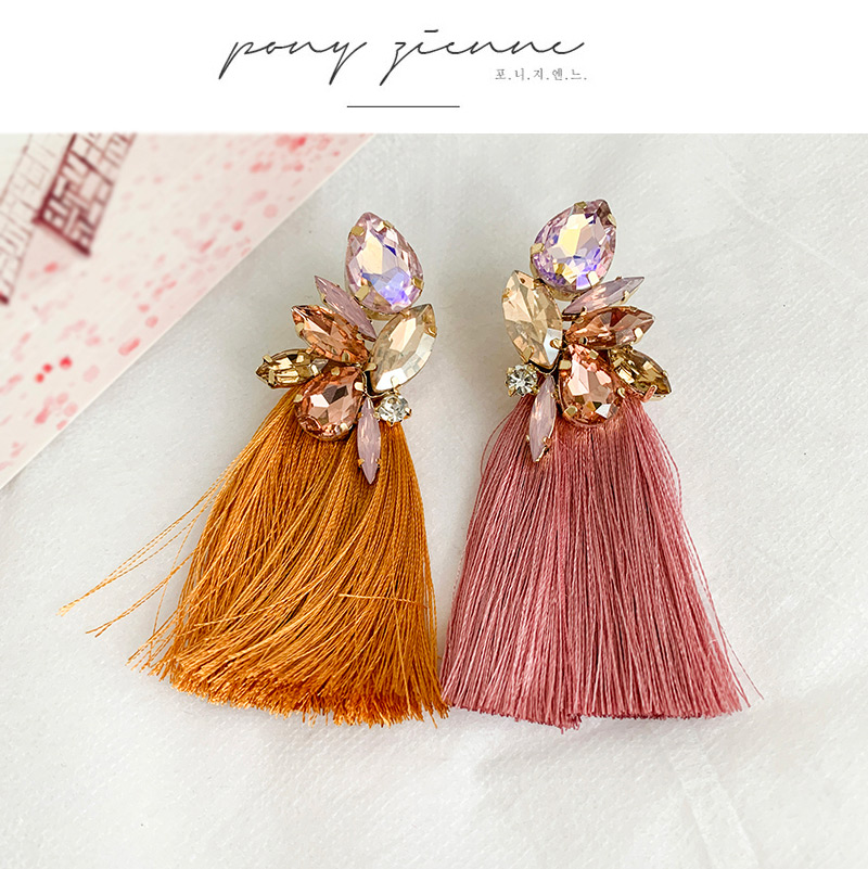 Fashion Leather Pink + Purple Alloy Rhinestone Drop Fringe Stud Earrings,Drop Earrings