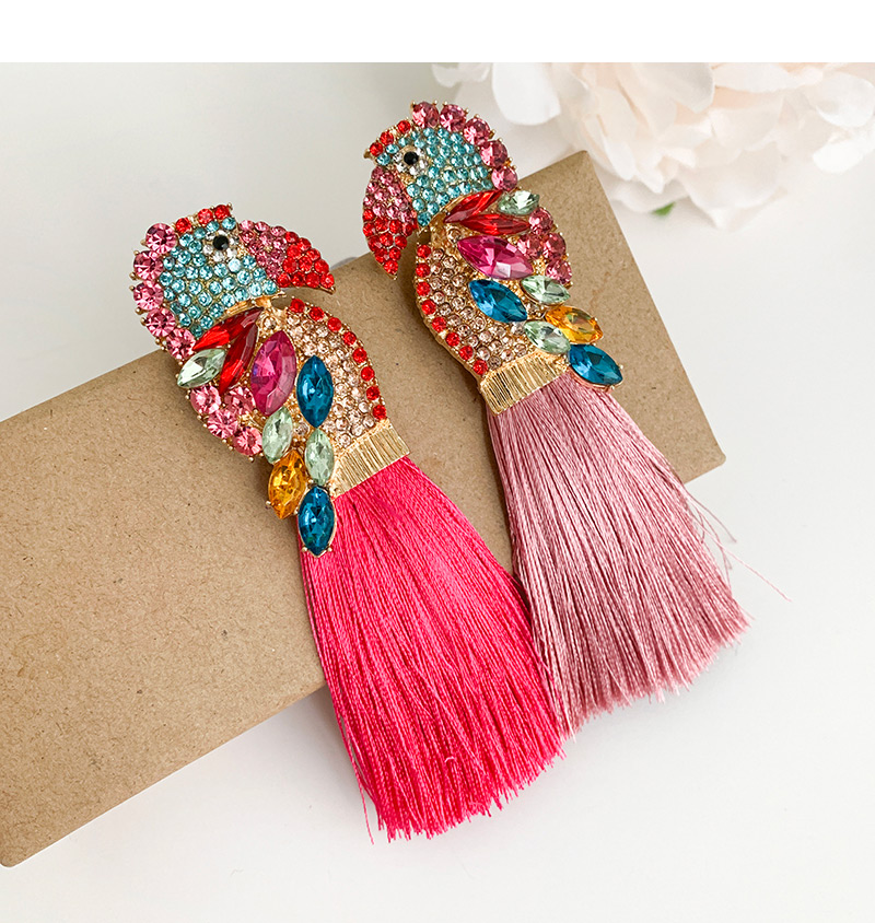 Fashion Leather Pink Alloy Rhinestone Parrot Tassel Stud Earrings,Drop Earrings