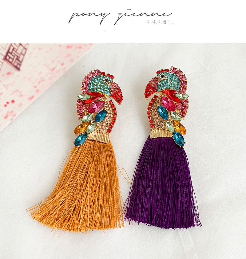 Fashion Purple Alloy Rhinestone Parrot Tassel Stud Earrings,Drop Earrings