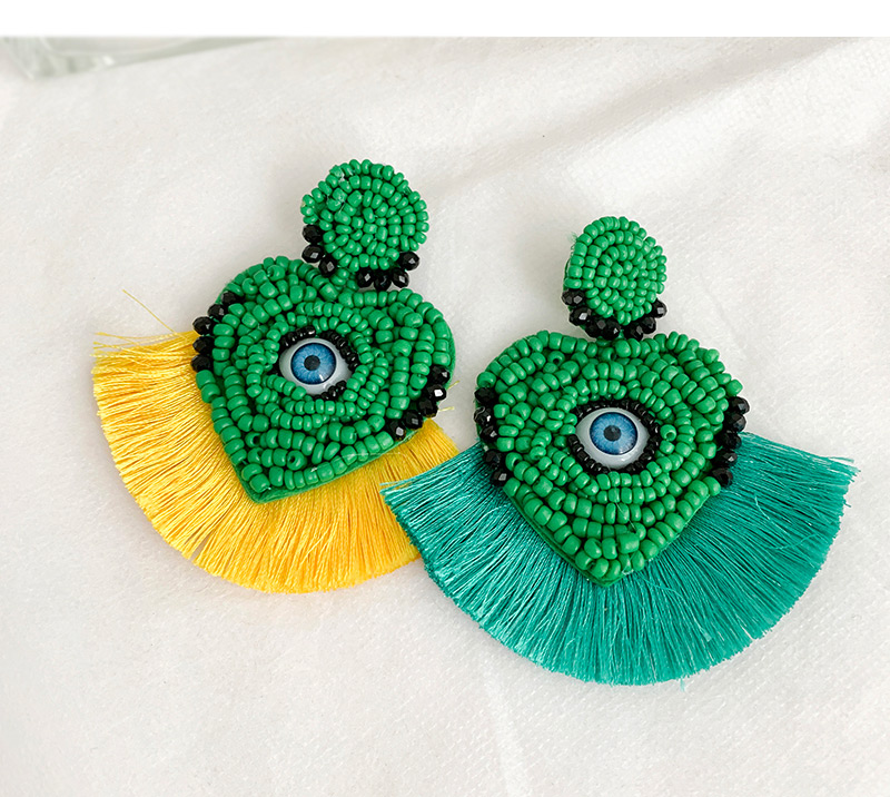 Fashion Yellow + Green Mizhu Love Eye Tassel Stud Earrings,Drop Earrings