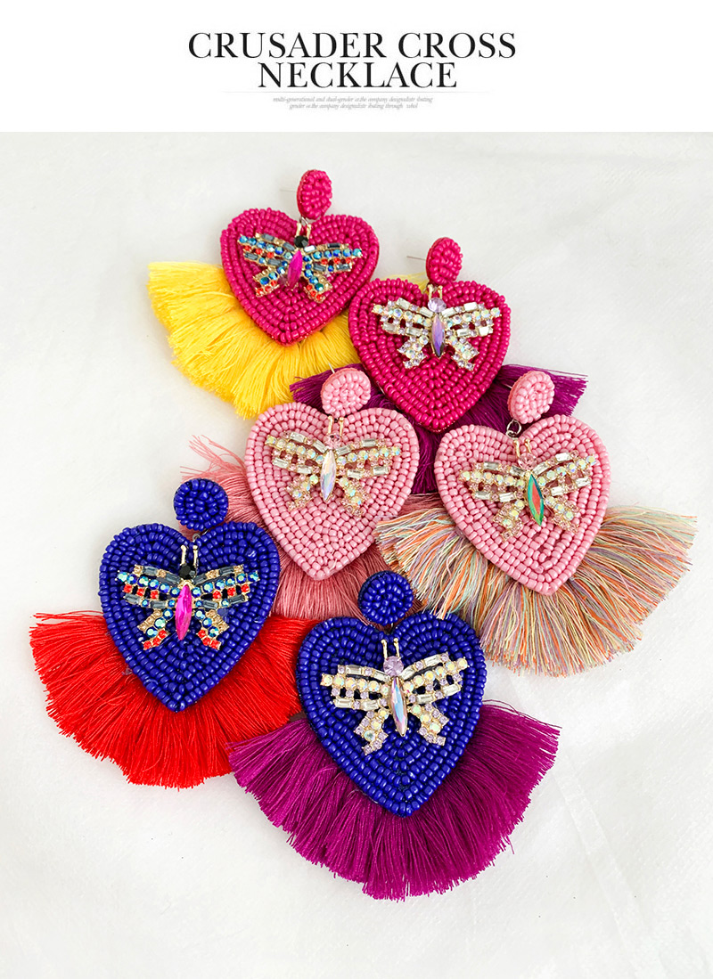 Fashion Purple + Lake Green Alloy Rhinestone Butterfly Beads Love Tassel Earring,Drop Earrings