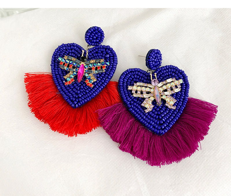 Fashion Purple + Royal Blue Alloy Rhinestone Butterfly Beads Love Tassel Earring,Drop Earrings