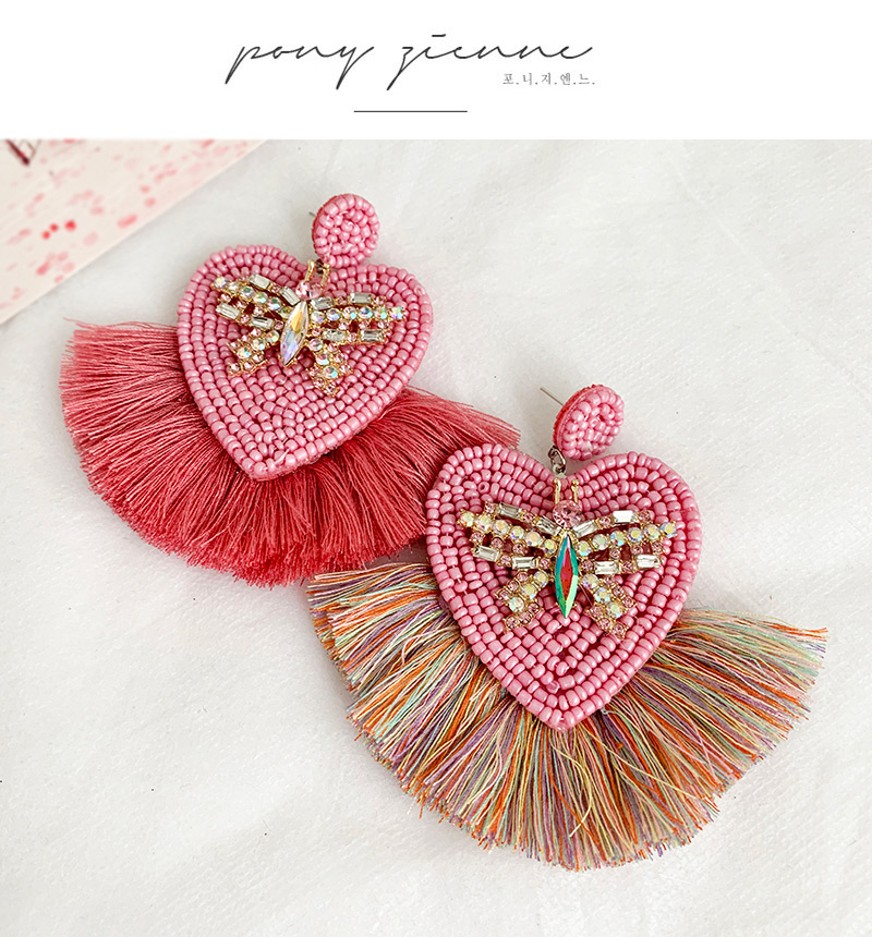 Fashion Pink Alloy Rhinestone Butterfly Beads Love Tassel Earring,Drop Earrings
