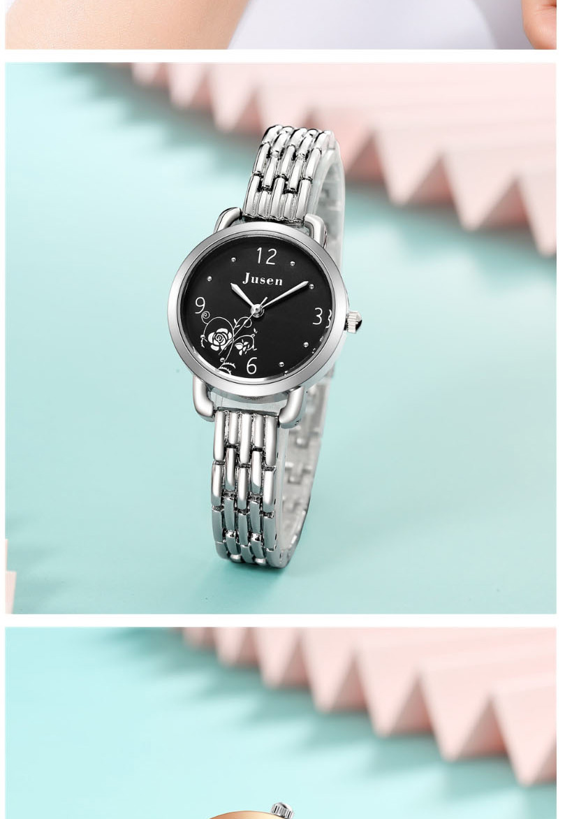 Fashion Black Face With Silver Band Rose Pattern Quartz Steel Bracelet Watch,Ladies Watches