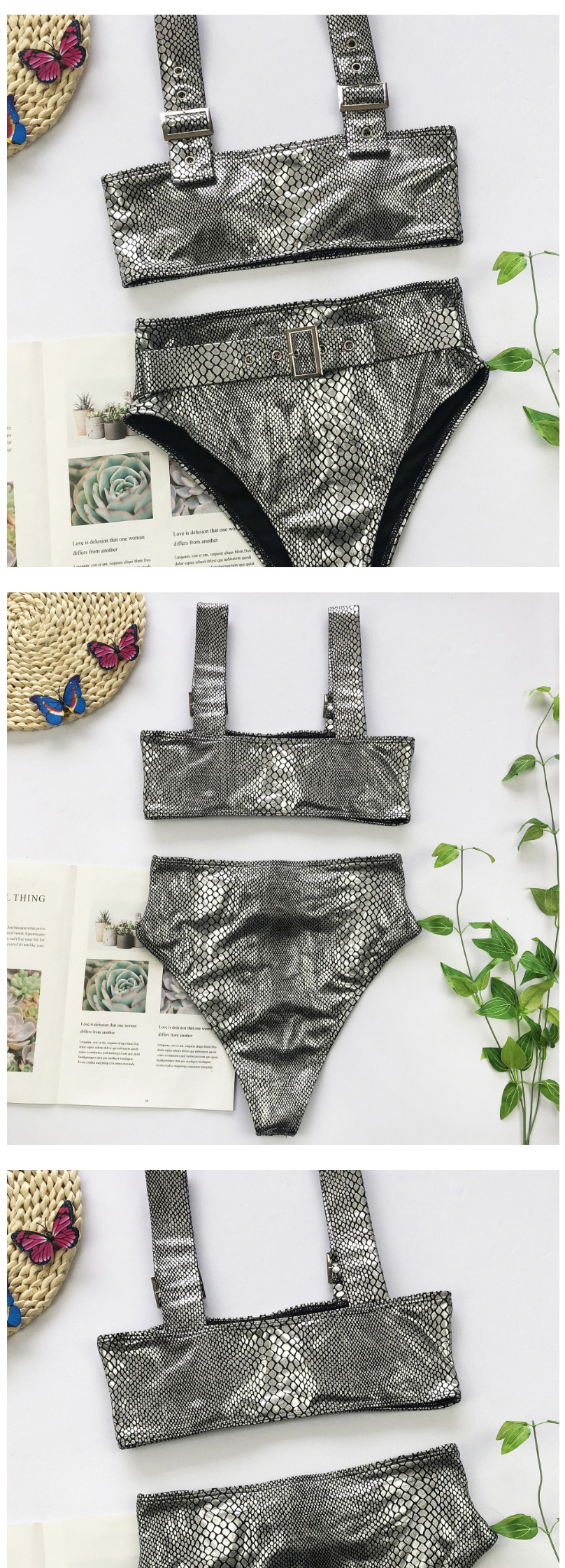 Fashion Silver Grey Crocodile Split Swimsuit,Bikini Sets