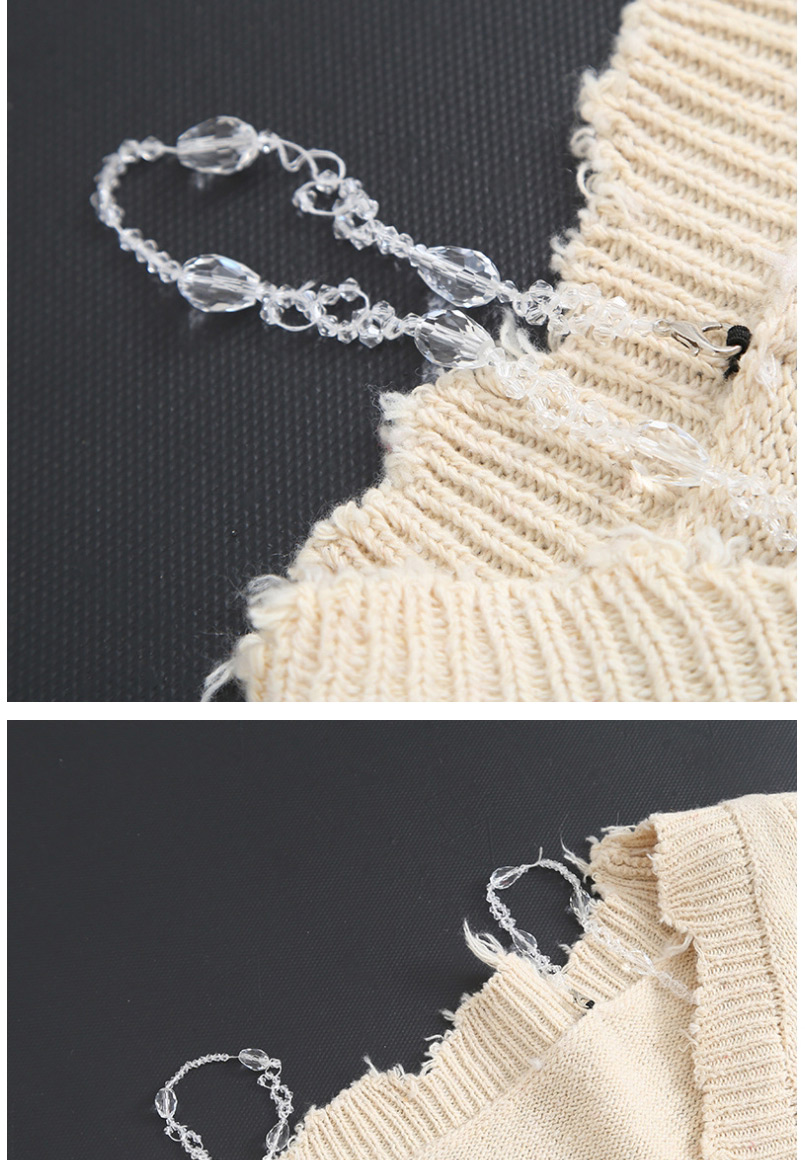 Fashion Beige Chain Stitching V-neck Raw Cardigan,Sweater