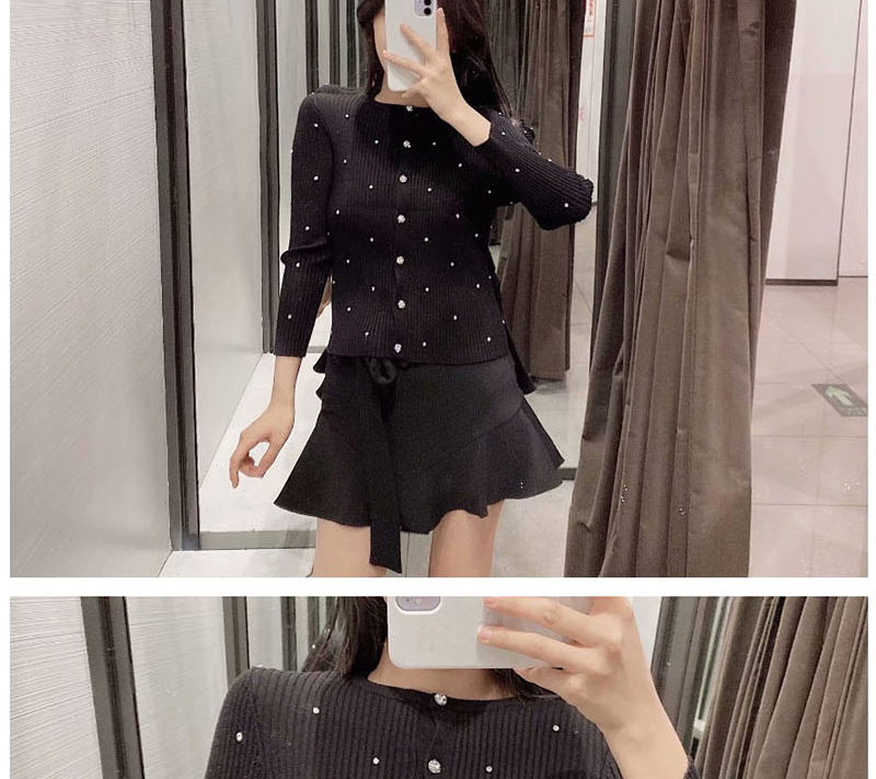Fashion Black Buttoned Cardigan With Faux Gems,Sweater