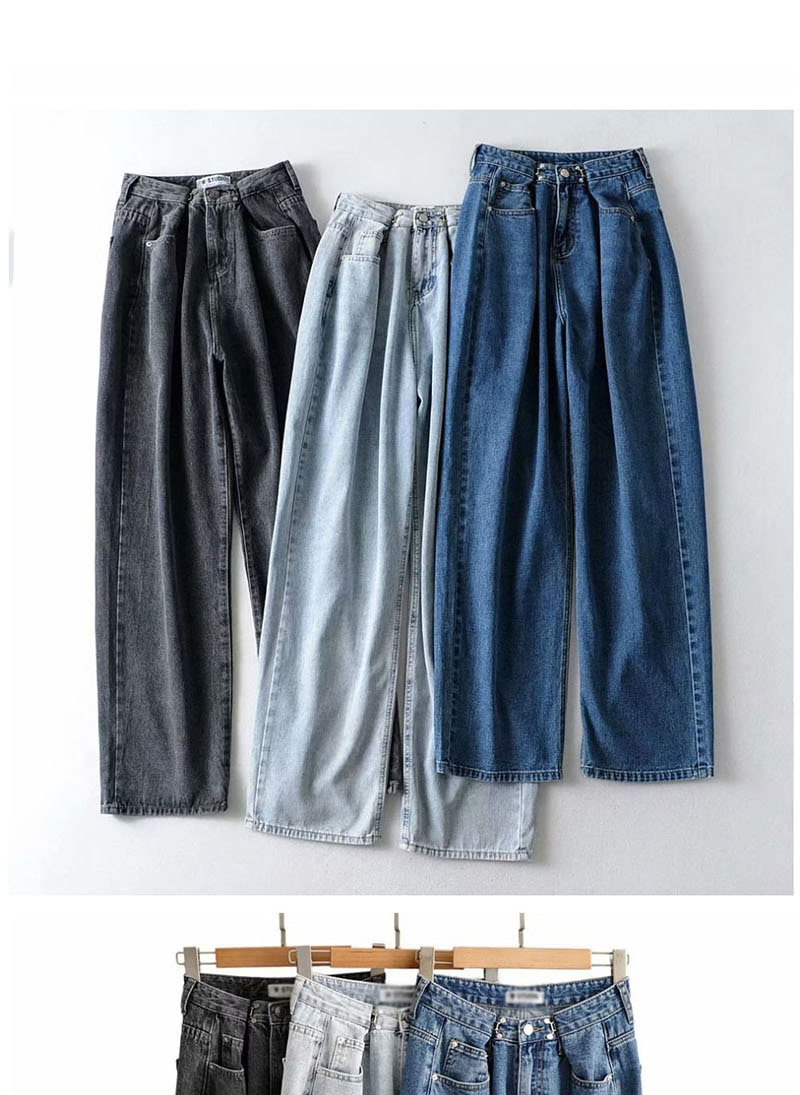 Fashion Dark Gray Washed Double Button Mopping Wide Leg Daddy Jeans,Pants