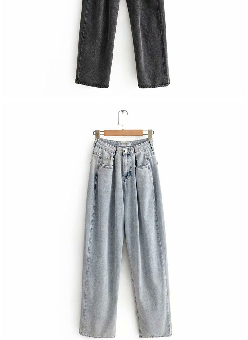 Fashion Dark Gray Washed Double Button Mopping Wide Leg Daddy Jeans,Pants