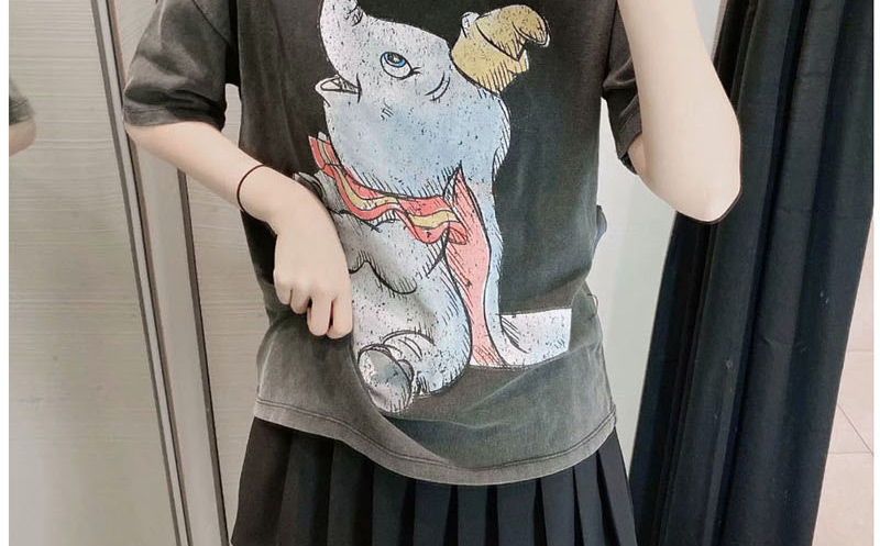 Fashion Gray Elephant Print Crew Neck T-shirt,Tank Tops & Camis