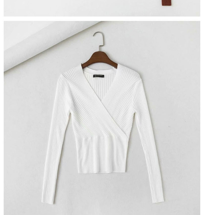 Fashion White Cross V-neck Patchwork Sweater Knit,Sweater