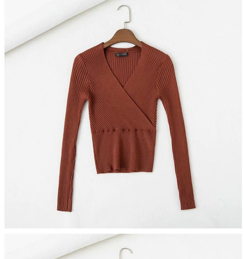 Fashion Caramel Colour Cross V-neck Patchwork Sweater Knit,Sweater