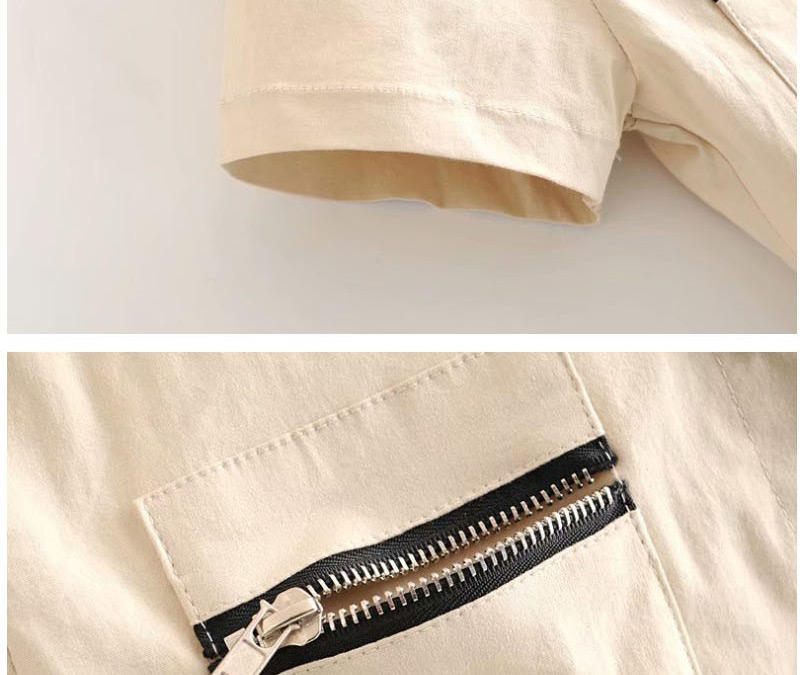 Fashion Khaki Cropped Round Neck Shirt With Zip,Tank Tops & Camis