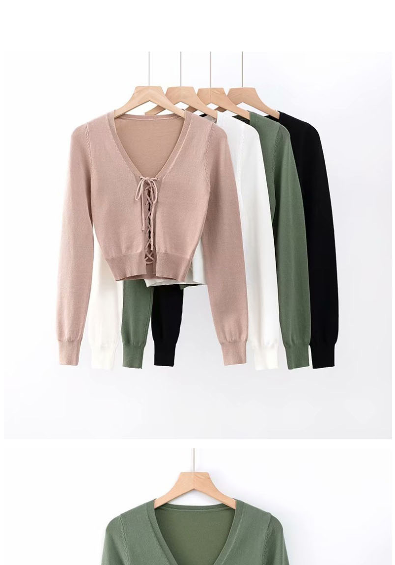 Fashion Army Green V-neck Chest Tie Knit Bottoming Shirt,Sweater