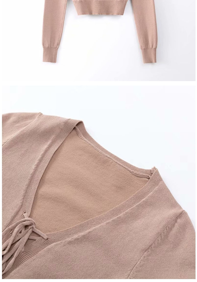 Fashion Camel V-neck Chest Tie Knit Bottoming Shirt,Sweater