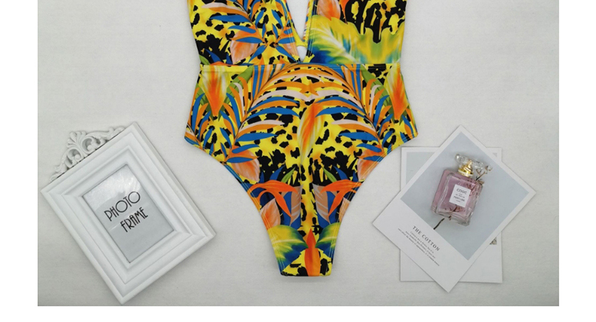Fashion Yellow Leopard Print V-neck One-piece Swimsuit,Bodysuits