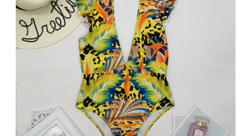 Fashion Yellow Leopard Print V-neck One-piece Swimsuit,Bodysuits