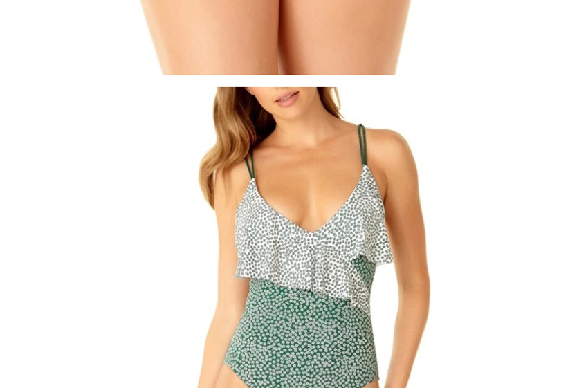 Fashion Green Ruffled Printed One-piece Swimsuit,One Pieces