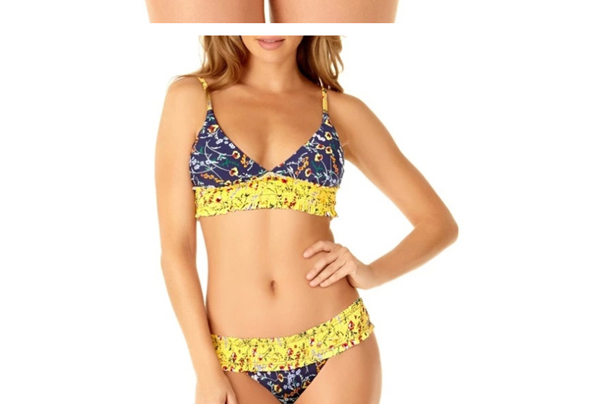 Fashion Yellow + Navy Printed Pleated Split Swimsuit,Bikini Sets