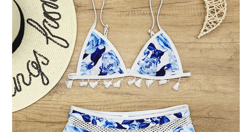 Fashion Blue High-waist Printed Panel Cutout Fringe Split Swimsuit,Bikini Sets